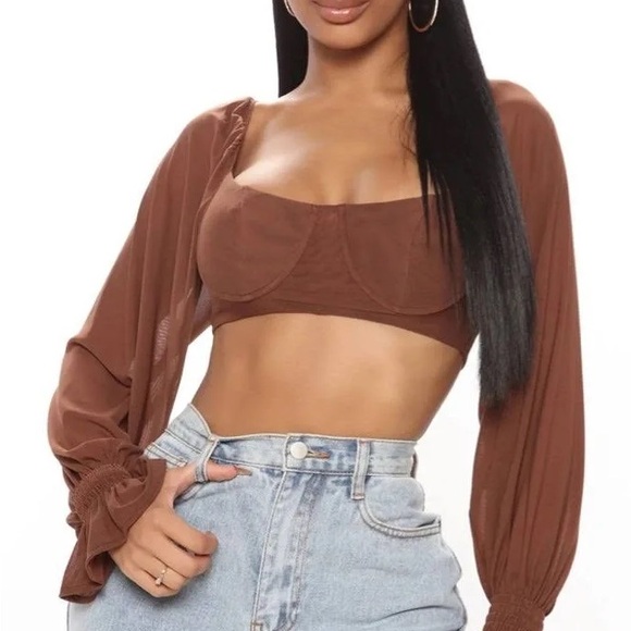 Fashion Nova Women's XS Match My Vibe Cropped Mesh Top in Mocha Brown - Picture 2 of 3
